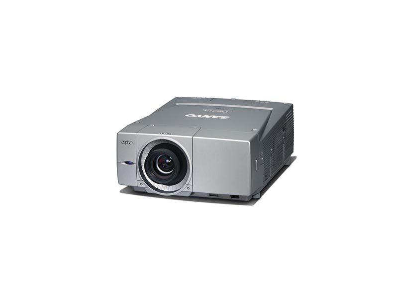Sanyo PLC-XF60A projector with 6500 lumen brightness and prominent central lens, shown angled left on a white background; ideal for rental for presentations or events.