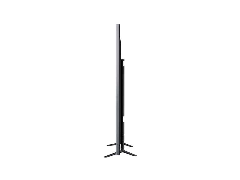 Side view of a Samsung ME95C 95-inch LED LCD flat-screen TV for rent, showcasing its ultra-slim profile and two angled support legs, displayed on a plain white background.