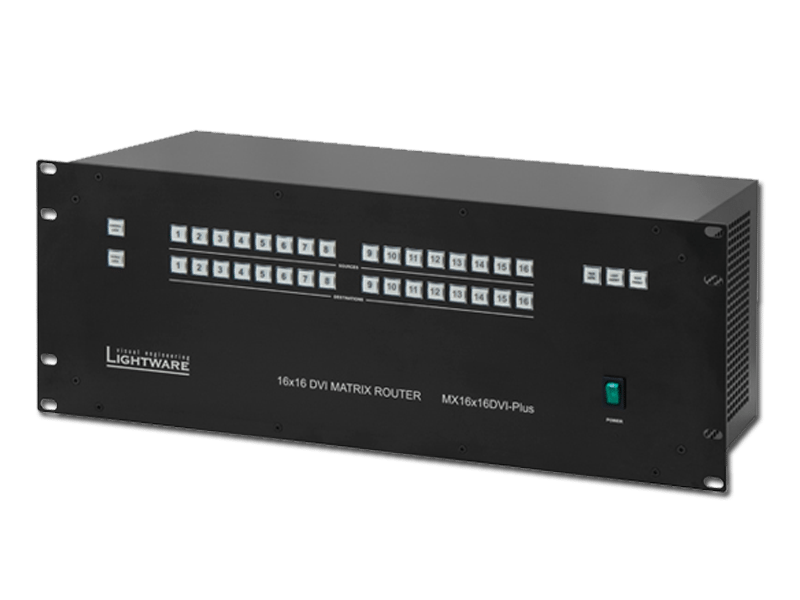 Lightware 16x16 DVI Matrix Router – black rectangular rack-mountable device with clearly labeled white buttons and an illuminated power switch on the front panel, used for professional video signal routing.