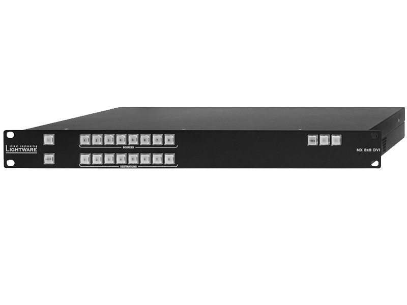 Lightware MX 8x8 DVI matrix switch – a black, rack-mountable professional AV device with multiple white input and output buttons on the front panel for routing DVI signals.