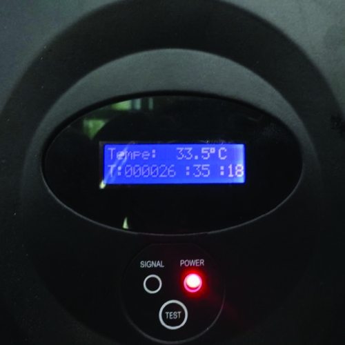 Close-up of the LEDCON SL-3.75SI LED wall module (3.75mm pixel pitch) for event rental, displaying a digital temperature reading of 33.5°C, a time counter, illuminated Power and Signal status indicators, and a Test button below the display.