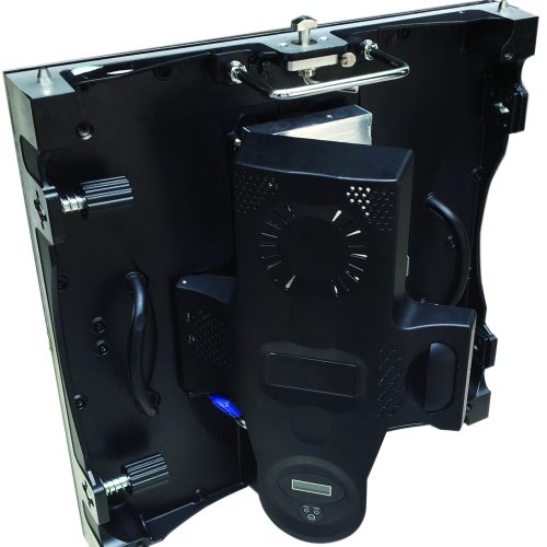 Back view of the LEDCON SL-3.75SI rent 3.75mm LED wall module in black, showing multiple input ports, sturdy handles, adjustment knobs, a central control box, and a digital display screen at the bottom for easy setup and monitoring—ideal for rental event displays.