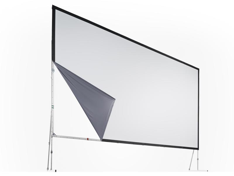 Large freestanding mobile projection screen, AV Stumpfl Vario 64 400 x 300 (4:3 video format), shown new with a sturdy black frame; one corner of the white front projection screen is peeled back to reveal the gray underside.