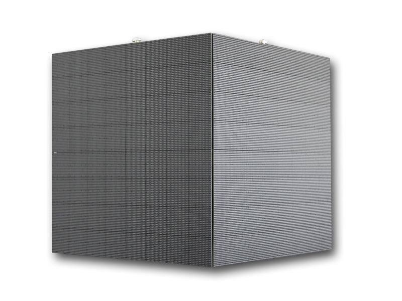 LEDCON SL-3.75SI 3.75mm 90° corner LED wall module—large gray cube with a subtle grid pattern on two visible faces, displaying its precise edges and three-dimensional shape, set against a plain white background—available for rent.