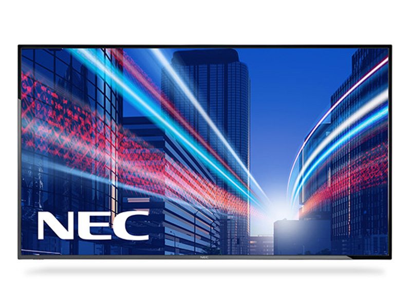 32 Inch NEC MultiSync E325 LED TV displaying a vivid futuristic cityscape with tall skyscrapers and dynamic blue and red light streaks, representing speed or data transfer. The white NEC logo is visible in the bottom left corner of the screen. New product.