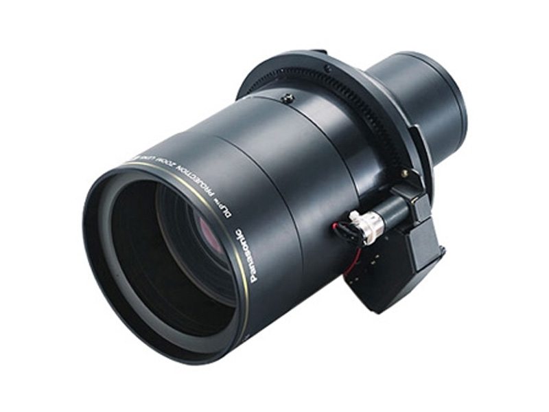 Panasonic ET-D75LE30 interchangeable projector zoom lens for rent, featuring a black cylindrical design with a large front glass element, electronic components, and detailed focus and zoom barrel markings, displayed isolated on a white background.