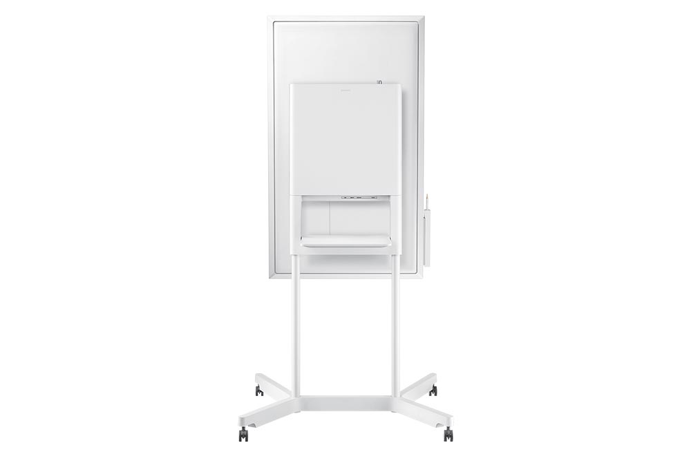Rear view of a large, white Samsung Flip WM55H 55 Inch UHD 4K digital whiteboard on wheels, featuring a clean rectangular frame and minimalist design ideal for modern offices and classrooms.