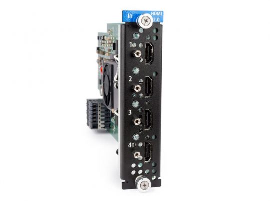 Barco HDMI 2.0 Quad Input Card (new), featuring four labeled HDMI 2.0 input ports, a visible cooling fan, and a blue HDMI 2.0 In sticker at the top; designed for seamless AV connectivity and high-resolution signal input.