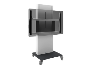Mobile medical imaging device with a large, vertically mounted transparent panel and metallic frame on wheels, designed for easy maneuverability and modern healthcare settings.