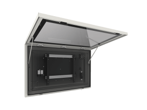 SmartMetals Outdoor Display Enclosure shown wall-mounted, with the front glass panel open on metal arms to reveal an empty interior frame for electronic equipment; enclosure is light gray against a white background.