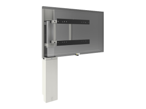 SmartMetals Motorized TV Lift: Flat-screen TV mounted on a vertical, height-adjustable motorized column with an adjustable bracket, designed for smooth up-and-down movement; product shown against a white background.