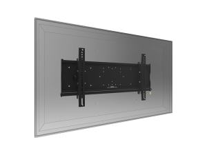 A flat-screen TV mounted on a wall with a black metal SmartMetals mounting systems TV wall mount bracket, viewed from the rear angle against a white background. The sturdy bracket securely holds the television close to the wall, showcasing its sleek and minimalist installation.