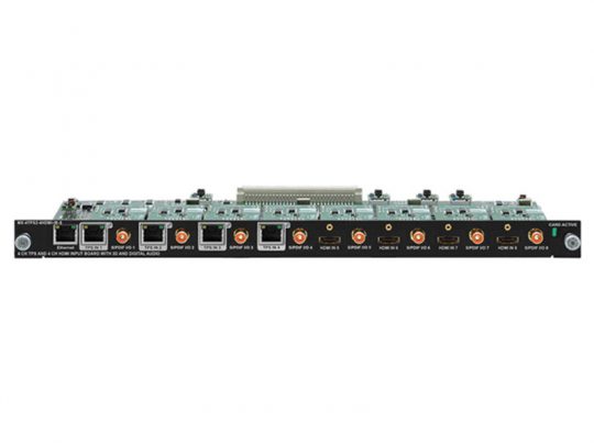 Rectangular electronic input board featuring multiple Ethernet ports, RCA connectors, and clearly labeled input sections; designed for professional audio and digital connections in AV equipment.