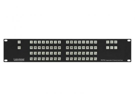 Black rectangular rack-mount programmable remote control panel with multiple rows of white square buttons labeled with numbers and symbols. Ideal for AV system integration and control solutions.
