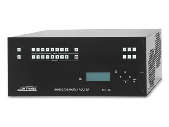 Lightware MX-FR9 9x9 digital matrix router, black front panel with multiple control buttons, a display screen, navigation keys, indicator lights, and visible model number MX-FR9.