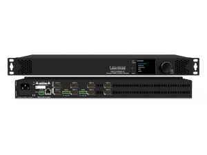 Front and rear view of the Lightware matrix switcher device, featuring multiple HDMI, audio, LAN, and control ports on the back panel; the front panel displays a screen, buttons, and a large control knob. Suitable for professional AV signal management.