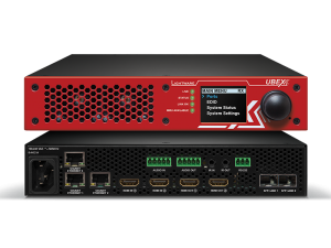 Front and back view of the red Lightware UBEX device. The front panel features status LEDs and a display screen with menu options, while the back panel includes power, network, audio, HDMI, fiber optic ports, and multiple input/output connectors. Ideal for signal extension in AV systems.