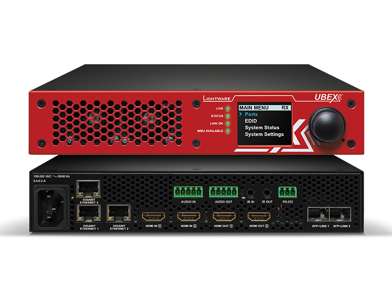 Front and back view of the red Lightware UBEX device. The front panel features status LEDs and a display screen with menu options, while the back panel includes power, network, audio, HDMI, fiber optic ports, and multiple input/output connectors. Ideal for signal extension in AV systems.