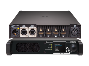 Lightware UBEX device—black rectangular professional AV unit with multiple HDMI, Ethernet, and fiber link ports on the back; front panel has a digital display screen and control buttons. Ideal for high-performance audiovisual signal transmission.