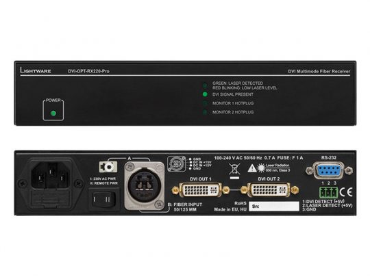 Front and rear views of the Lightware DVI-OPT-RX220-Pro multimode fiber receiver, displaying status indicator lights, power button, input/output ports, RS-232 port, power socket, and fiber optic input connection. Ideal for high-performance DVI signal transmission over long distances.