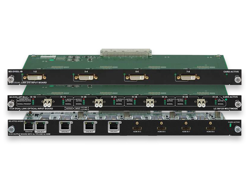 Three electronic circuit boards, each featuring multiple ports including DVI, network (Ethernet), and fiber optic inputs and outputs, with indicator lights and connectors, stacked together against a plain white background—ideal for industrial or communication applications.