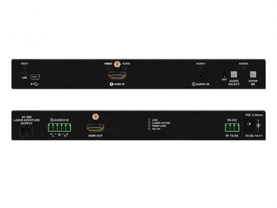 Front and back views of the Black Box AVX-HDMI-FO-MINI HDMI Fiber Extender, a compact black electronic device featuring multiple ports: HDMI, USB, audio input/output, RS-232 serial port, and power input for advanced signal transmission and connectivity.