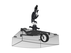 Black adjustable SmartMetals ceiling mount securely holding a rectangular transparent projector on a flat surface; joints and mounting hardware are clearly visible.