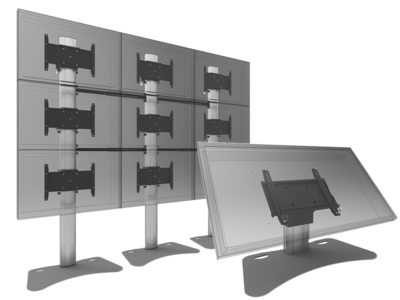 Image shows three SmartMetals mounting systems. Two stands hold four flat screens each in a 2x2 video wall layout; one faces forward while the other is angled. A third stand displays a single large screen in landscape orientation from the side. All mounts are on sturdy metal stands for professional display use.