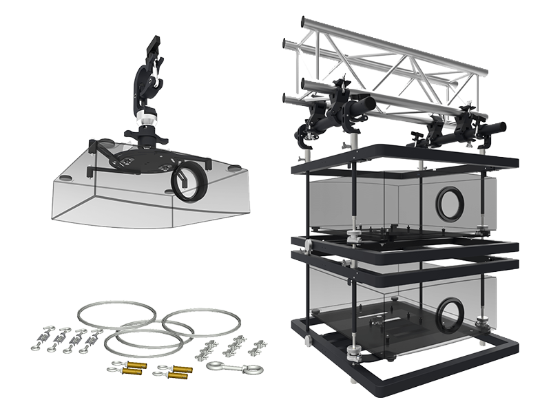 SmartMetals Hardware Kit: Assorted metal rods, clamps, mounting system cables, bolts, and rectangular platforms assembled into a sturdy frame structure with a circular rig and truss attachments for AV equipment installation.