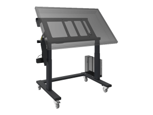 Black adjustable drafting table with transparent top, shown angled and supported by four caster wheels for easy mobility. The table features a motorized height and tilt adjustment system with control box, and SmartMetals mounting attachments for versatile use in professional studios or offices.