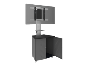 Black mobile TV cart with mounting bracket for large flat-screen TV, small shelf below the mount for media devices, and two-door cabinet at the bottom; one door is open to display interior storage space. Ideal for offices or classrooms.