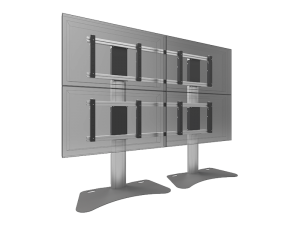 Digital rendering of the SmartMetals Dual-Stand Monitor Mount, displaying four flat-screen monitors arranged in a 2x2 grid. The setup features two sturdy stands with wide, stable bases and adjustable mounting arms. Shown against a plain white background, ideal for professional multi-display workstations.