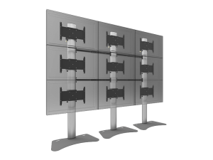 SmartMetals mounting systems’ metal stand with three vertical columns supports six flat screen monitors arranged in two rows of three; features wide, flat bases for stability and adjustable mounting brackets, ideal for video walls or multi-screen displays.