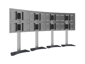 Curved multi-screen monitor stand for twelve monitors, featuring three vertical supports and four horizontal rows to hold screens in a 3x4 grid; made of metallic material with a sleek, modern industrial design.