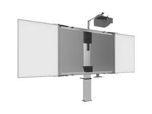 SmartMetals Digital Smart Board System featuring a central gray interactive display, two white side panels, a ceiling-mounted projector, and a sturdy vertical support column with reliable SmartMetals mounting for enhanced stability.