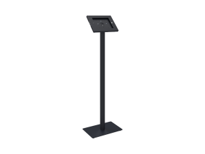Black freestanding kiosk stand with a SmartMetals Mounting Systems rectangular touch screen holder at the top, supported by a single vertical pole and a sturdy flat rectangular base. Ideal for interactive displays in public spaces or retail environments.