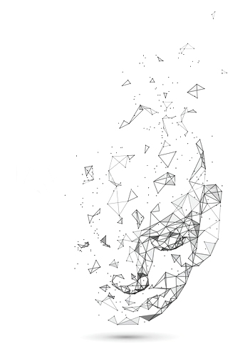 Low-poly digital illustration of a hand dissolving into fragments on a white background; the hand is made from interconnected geometric lines and triangles, creating an abstract, polygonal style suitable for tech or digital design themes.