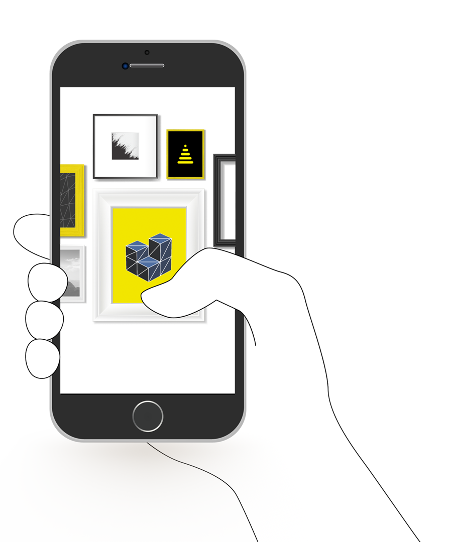 Illustration of a hand holding a smartphone showing an art gallery wall with framed geometric and abstract artwork in yellow and black tones. Perfect for promoting digital art collections or online gallery apps.