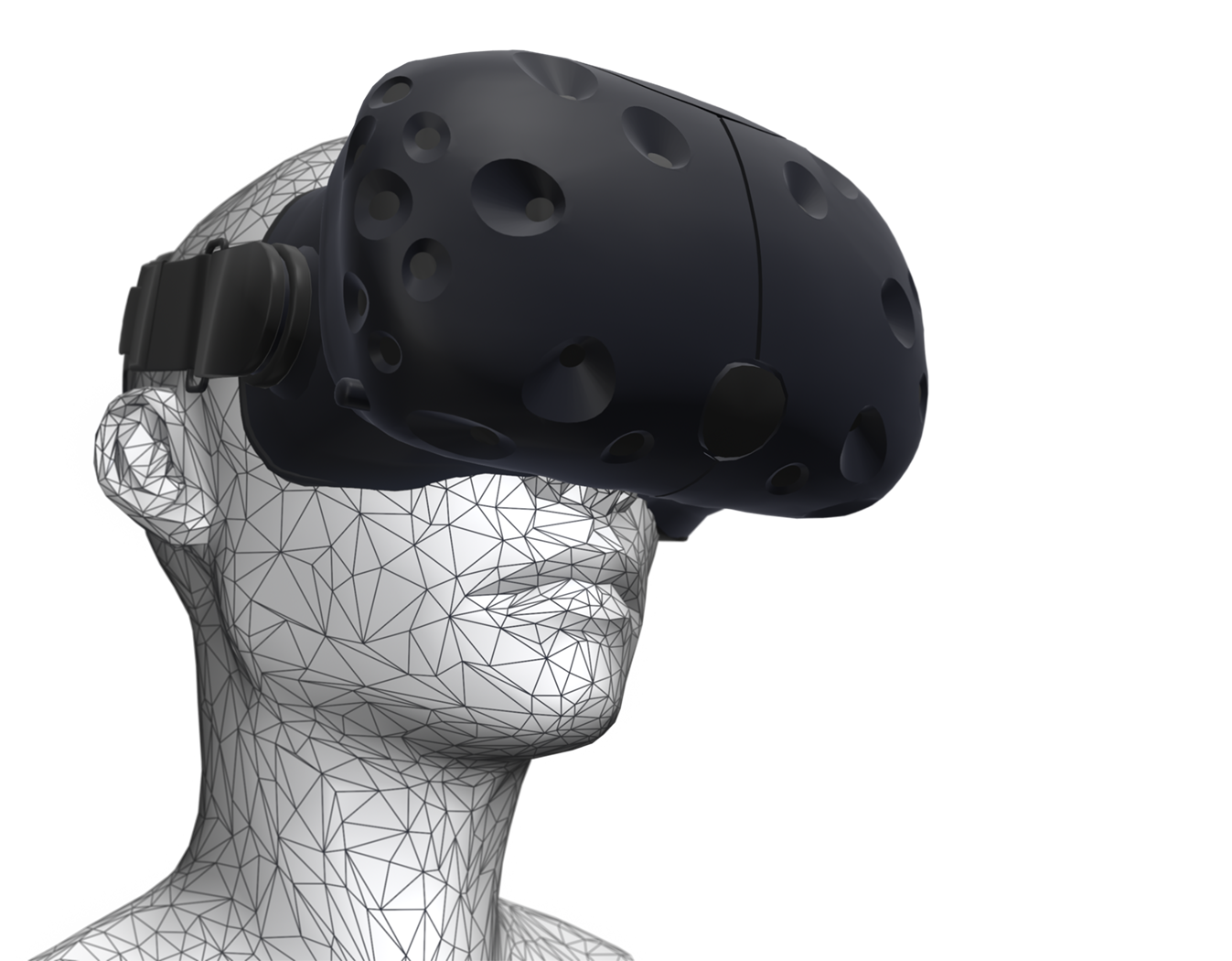 Wireframe 3D model of a human head wearing a black VR headset with multiple round sensors, covering the eyes and nose, and secured by an adjustable strap—ideal for virtual reality experiences.