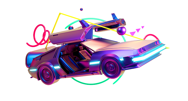 Retro-futuristic car with gull-wing doors open, glowing neon lights along the body, and vibrant geometric shapes in the background, floating against a dramatic cloudy sky. Ideal for sci-fi and vintage car enthusiasts.