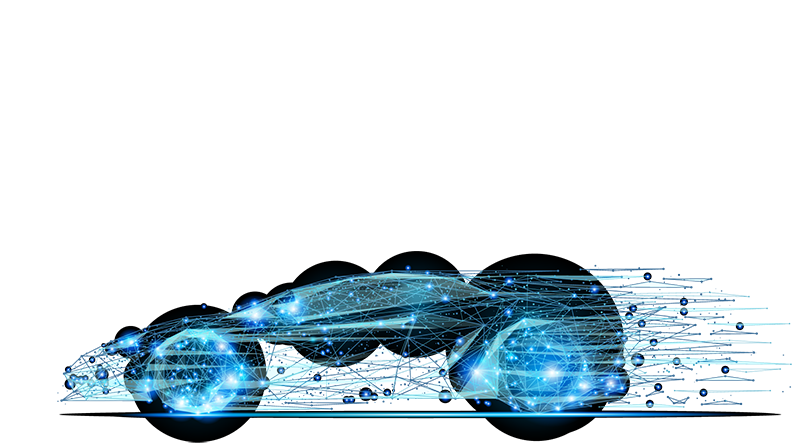 Digital illustration of a futuristic car called Glowing Wireframe Car, designed with luminous blue lines and dots forming a sleek wireframe model, light trails in the background highlighting motion and advanced automotive technology concepts.