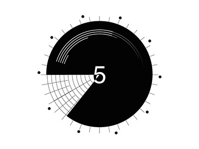 Black circular countdown timer graphic showing the number 5 in bold white at the center, with one highlighted wedge segment, radiating lines, and small tick marks around the edge against a white background. Accessible countdown timer image for presentations or time-tracking.