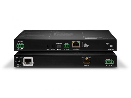 Product alt text: Two black WyreStorm AV signal management devices with multiple ports including HDMI, Ethernet, control ports, audio out, power input, and terminal blocks. Front and back views are displayed, showing AV connectivity options for professional installations.