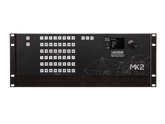 Front view of the Lightware MX2 video matrix switcher, featuring multiple square control buttons, a small digital display screen, round control knob, lower ventilation vents, and a distinctive white geometric line design on the right side. Ideal for professional video routing and AV system integration.