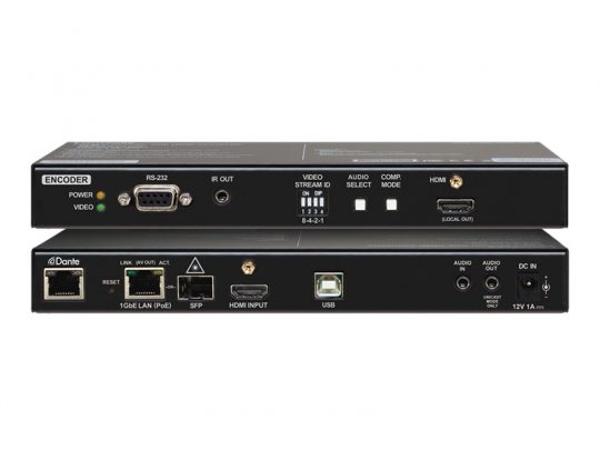 Front and back view of black AV encoder device showing multiple ports, including HDMI, USB, LAN, SFP, RS-232, audio in/out, DC power input; also features buttons and LED indicator lights for video streaming and mode selection. Ideal for professional video broadcasting.