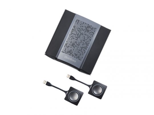 Barco ClickShare CSE-200+ Pack EU wireless presentation system in black with a perforated top panel, shown with two USB button devices for easy screen sharing.