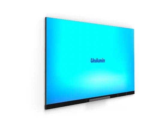 Unilumin UTV III 1.5 LED-Wall (3.00m x 1.75m, 1.57mm pixel pitch) mounted on a white wall, showing a vivid blue screen with Unilumin in the center; a black bar and small rectangular device attached at bottom of display.