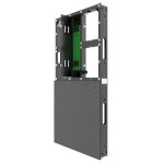 Angled view of a Unilumin Uslim 2.6 LED-Wall Module (0.50m x 1.00m, 2.61mm pixel pitch), semi-outdoor display panel with a partially open black metal frame, revealing the internal green circuit board and foundational structural components for professional video wall installations.