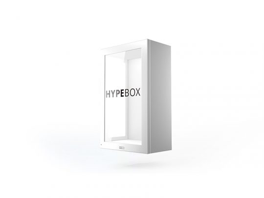 Screensource HBT3210P 32 Zoll Full HD Hypebox Touch Display Case—white rectangular digital display case with HYPEBOX and model name printed on the transparent front panel, shown against a plain white background.
