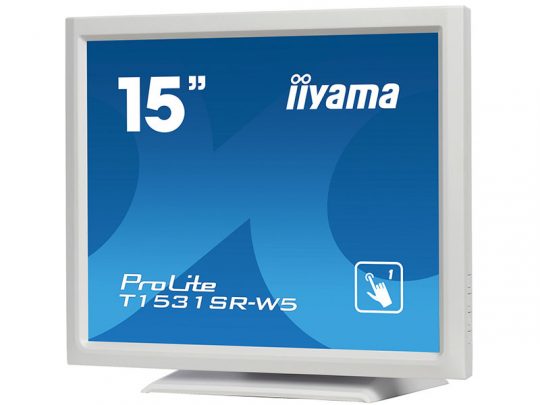 15-inch Iiyama ProLite T1531SR-W5 touchscreen monitor in a light grey frame, angled to the right, with a blue screen displaying the model name and touchscreen symbol.